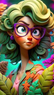 1girl,solo,looking at viewer,blush,short hair,blue eyes,shirt,jewelry,closed mouth,green eyes,upper body,flower,earrings,green hair,glasses,collared shirt,artist name,blurry,lips,eyelashes,makeup,leaf,floral print,plant,lipstick,eyeshadow,freckles,curly hair,pink shirt,print shirt,hawaiian shirt,food,open clothes,depth of field,watermark,portrait,purple-framed eyewear