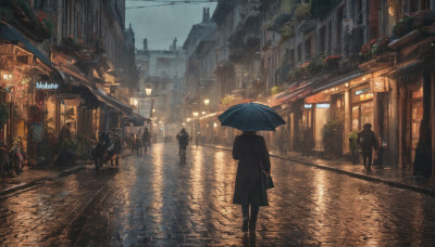 holding, outdoors, coat, night, umbrella, building, scenery, walking, rain, city, sign, road, lamppost, street, puddle, people, pavement, crosswalk