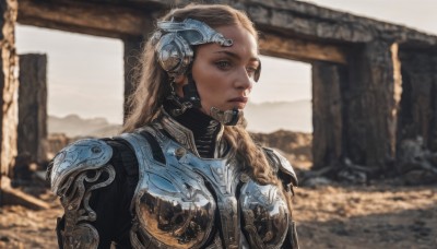 1girl,solo,long hair,blonde hair,brown hair,brown eyes,upper body,outdoors,armor,blurry,lips,bodysuit,blurry background,headgear,shoulder armor,science fiction,pauldrons,breastplate,realistic,nose,power armor,looking at viewer,dark skin,dark-skinned female,expressionless,headset