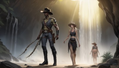 long hair,breasts,short hair,multiple girls,blonde hair,brown hair,shirt,1boy,hat,navel,holding,2girls,cleavage,bare shoulders,medium breasts,standing,swimsuit,weapon,braid,bikini,boots,outdoors,barefoot,midriff,belt,pants,sword,dark skin,water,black footwear,holding weapon,gun,thigh strap,muscular,facial hair,sunlight,knee boots,tank top,plant,staff,nature,beard,walking,sun hat,pouch,holster,cowboy hat,waterfall,cowboy western,1girl,smile,very long hair,ass,tattoo,scenery,handgun,cliff