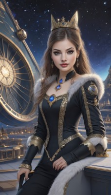 1girl,solo,long hair,breasts,looking at viewer,brown hair,long sleeves,dress,brown eyes,jewelry,sitting,earrings,outdoors,sky,artist name,necklace,nail polish,black dress,lips,grey eyes,fur trim,makeup,night,watermark,tiara,crown,lipstick,gem,star (sky),night sky,eyeshadow,starry sky,gold trim,nose,railing,red lips,smile,medium breasts,choker,realistic,clock,architecture,tower