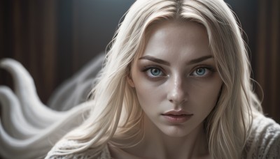 1girl,solo,long hair,looking at viewer,blue eyes,blonde hair,parted lips,blurry,lips,eyelashes,depth of field,blurry background,portrait,close-up,forehead,freckles,realistic,nose,closed mouth,aqua eyes,expressionless,thick eyebrows