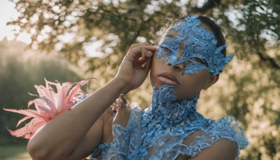 1girl,solo,short hair,black hair,1boy,closed eyes,upper body,flower,male focus,outdoors,parted lips,hand up,dark skin,blurry,lips,mask,depth of field,blurry background,dark-skinned male,realistic,very short hair,looking at viewer,dress,jewelry,closed mouth,sleeveless,portrait,facing viewer