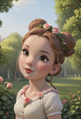 1girl,solo,breasts,looking at viewer,blush,smile,short hair,brown hair,shirt,hair ornament,brown eyes,jewelry,white shirt,upper body,flower,short sleeves,earrings,small breasts,outdoors,parted lips,sky,day,puffy sleeves,hair flower,hair bun,blurry,tree,blue sky,puffy short sleeves,lips,eyelashes,double bun,depth of field,blurry background,rose,leaf,single hair bun,plant,nature,pink flower,freckles,realistic,nose,bush,head wreath,pink rose,dress,collarbone,grass,stud earrings,garden