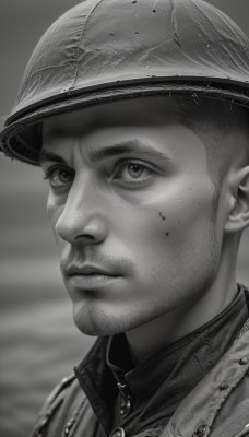 solo,looking at viewer,short hair,shirt,1boy,hat,closed mouth,monochrome,greyscale,male focus,blurry,uniform,military,military uniform,blurry background,facial hair,helmet,portrait,realistic,stubble,soldier,thick eyebrows,beard,close-up