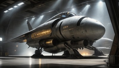 HQ,indoors,signature,military,no humans,window,robot,flying,science fiction,realistic,aircraft,military vehicle,airplane,light,vehicle focus,spacecraft,lights,jet,cockpit,missile,fighter jet,pilot