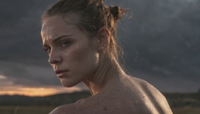 1girl,solo,looking at viewer,short hair,blue eyes,blonde hair,jewelry,closed mouth,nude,earrings,outdoors,sky,looking back,cloud,hair bun,from behind,blurry,lips,grey eyes,blood,blurry background,single hair bun,cloudy sky,portrait,freckles,realistic,nose,brown hair,green eyes,upper body,back,expressionless,sunlight,sunset