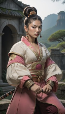 1girl,solo,breasts,looking at viewer,black hair,hair ornament,long sleeves,holding,brown eyes,jewelry,closed mouth,standing,weapon,earrings,outdoors,puffy sleeves,sword,hair bun,holding weapon,blurry,black eyes,bracelet,lips,sash,blurry background,chinese clothes,single hair bun,ring,sheath,sheathed,realistic,architecture,nose