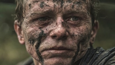 solo,looking at viewer,short hair,brown hair,1boy,closed mouth,male focus,blurry,black eyes,blurry background,facial hair,scar,portrait,close-up,realistic,manly,dirty,smile,black hair,signature,grey eyes,beard