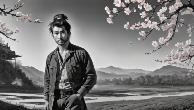 solo,looking at viewer,shirt,long sleeves,1boy,closed mouth,standing,jacket,monochrome,flower,greyscale,male focus,cowboy shot,outdoors,open clothes,necktie,collared shirt,belt,pants,tree,dress shirt,facial hair,cherry blossoms,beard,spot color,pocket,hand in pocket,mountain,hands in pockets,stubble,breast pocket,architecture,east asian architecture,topknot,signature,open jacket,single hair bun,grass,scenery,branch