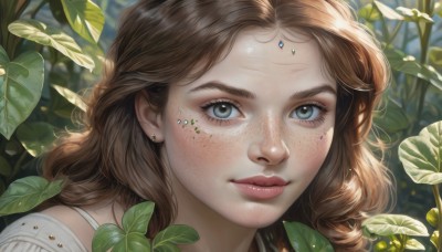 1girl,solo,long hair,looking at viewer,blue eyes,brown hair,jewelry,closed mouth,earrings,outdoors,day,blurry,lips,grey eyes,eyelashes,makeup,blurry background,leaf,wavy hair,facial mark,sunlight,plant,portrait,close-up,freckles,curly hair,realistic,nose,bangs,artist name,nature