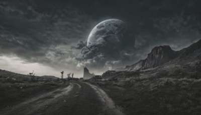 monochrome,greyscale,outdoors,multiple boys,sky,cloud,moon,cloudy sky,scenery,full moon,mountain,multiple others,planet,landscape,ambiguous gender,night,rock,dark