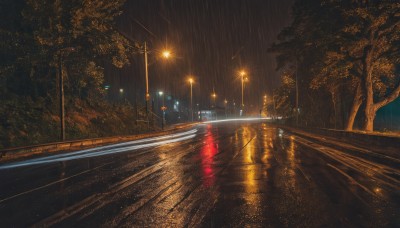 outdoors,sky,cloud,water,tree,dutch angle,no humans,night,building,star (sky),night sky,scenery,reflection,rain,city,light,road,bridge,power lines,lamppost,lights,railroad tracks,ground vehicle,motor vehicle,sign,fence,car,dark,street,puddle,city lights,crosswalk,vanishing point,guard rail