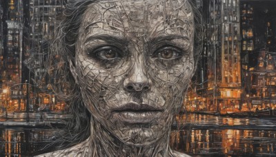 solo,looking at viewer,black hair,1boy,brown eyes,male focus,outdoors,teeth,night,scar,building,portrait,reflection,science fiction,city,realistic,cityscape,city lights,cyberpunk,1girl,water,parody,scenery