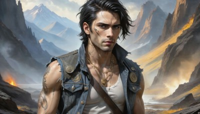 HQ,solo,looking at viewer,short hair,shirt,black hair,1boy,jewelry,collarbone,jacket,white shirt,upper body,male focus,outdoors,sleeveless,artist name,signature,necklace,black eyes,vest,torn clothes,tattoo,muscular,facial hair,scar,tank top,fire,denim,mountain,realistic,white tank top,open vest,mountainous horizon,denim jacket,earrings,sky,cloud