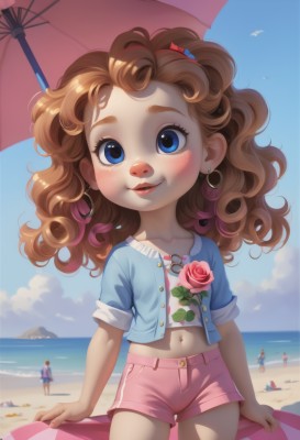 1girl,long hair,looking at viewer,blush,smile,blue eyes,multiple girls,brown hair,shirt,hair ornament,navel,jewelry,standing,collarbone,jacket,flower,cowboy shot,earrings,outdoors,parted lips,sky,shorts,solo focus,day,midriff,cloud,water,flat chest,blue sky,lips,short shorts,rose,bird,ocean,umbrella,beach,floral print,child,curly hair,hoop earrings,sand,horizon,female child,parasol,beach umbrella,pink shorts,seagull,solo,ponytail,short sleeves,multicolored hair,open clothes,teeth,crop top,wavy hair,blue shirt,pink flower,pink rose