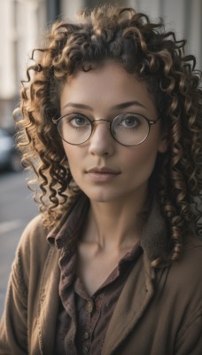 1girl,solo,long hair,looking at viewer,brown hair,shirt,brown eyes,closed mouth,collarbone,jacket,upper body,parted lips,glasses,collared shirt,dark skin,blurry,dark-skinned female,lips,eyelashes,buttons,depth of field,blurry background,wavy hair,messy hair,black-framed eyewear,curly hair,brown jacket,realistic,nose,round eyewear,unbuttoned,brown-framed eyewear,black hair,artist name,watermark,portrait,lace,forehead