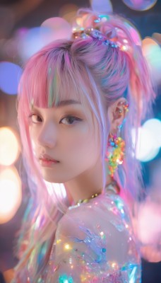 1girl,solo,long hair,looking at viewer,bangs,hair ornament,jewelry,upper body,ponytail,pink hair,multicolored hair,earrings,parted lips,blunt bangs,necklace,blurry,black eyes,from side,lips,depth of field,blurry background,piercing,ear piercing,portrait,realistic,nose,bokeh,purple hair,flower,artist name,streaked hair,makeup,watermark,gem