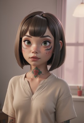 1girl,solo,breasts,looking at viewer,blush,short hair,bangs,brown hair,shirt,black hair,closed mouth,green eyes,collarbone,white shirt,upper body,flower,short sleeves,small breasts,indoors,blunt bangs,blurry,covered nipples,lips,tattoo,depth of field,blurry background,bob cut,thick eyebrows,curtains,freckles,nose,arm tattoo,cyborg,neck tattoo,artist name,window,realistic,lamp