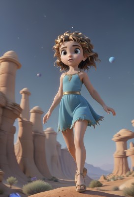 1girl,solo,looking at viewer,short hair,brown hair,dress,bare shoulders,brown eyes,jewelry,standing,full body,flower,outdoors,parted lips,sky,sleeveless,medium hair,flat chest,bare arms,toes,night,sleeveless dress,blue dress,short dress,sandals,child,star (sky),floating,walking,female child,pillar,column,artist name,blurry,lips,wavy hair,thick eyebrows,curly hair,wide-eyed