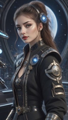 1girl,solo,long hair,breasts,looking at viewer,brown hair,long sleeves,cleavage,brown eyes,jewelry,medium breasts,jacket,upper body,ponytail,earrings,parted lips,belt,armor,lips,window,makeup,night,moon,lipstick,star (sky),science fiction,realistic,nose,red lips,space,planet,hair pulled back,hair ornament,necklace,black jacket,freckles