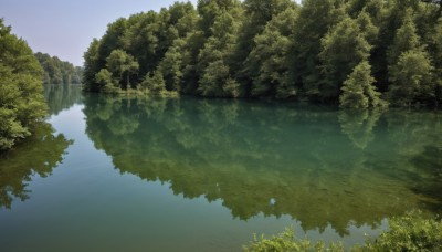 outdoors,sky,day,artist name,signature,water,tree,blue sky,no humans,sunlight,grass,plant,nature,scenery,forest,reflection,bush,river,landscape,lake,reflective water,fantasy