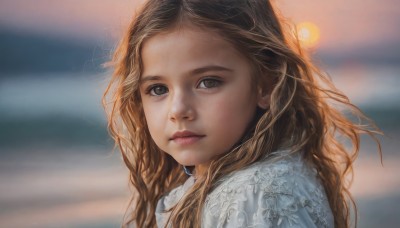 1girl,solo,long hair,looking at viewer,brown hair,shirt,brown eyes,closed mouth,white shirt,upper body,artist name,blurry,lips,depth of field,blurry background,wavy hair,sunlight,portrait,freckles,realistic,nose,outdoors,wind,close-up