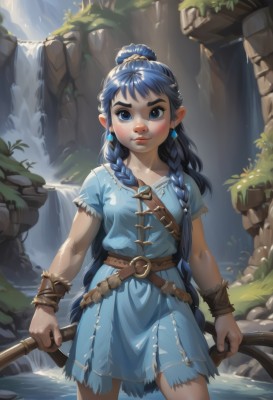 1girl,solo,long hair,breasts,looking at viewer,blush,bangs,blue eyes,dress,holding,jewelry,very long hair,blue hair,standing,weapon,braid,short sleeves,cowboy shot,earrings,small breasts,outdoors,day,pointy ears,belt,artist name,water,hair bun,holding weapon,twin braids,bracelet,lips,torn clothes,blue dress,watermark,short dress,thick eyebrows,nature,web address,wading,freckles,nose,brown belt,river,waterfall,hair ornament,ponytail,scrunchie,bow (weapon)