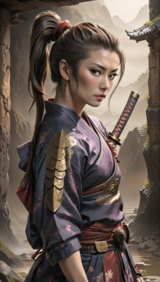 1girl,solo,long hair,looking at viewer,blush,brown hair,black hair,holding,brown eyes,jewelry,closed mouth,standing,ponytail,weapon,earrings,outdoors,parted lips,japanese clothes,sword,kimono,holding weapon,black eyes,from side,lips,sash,makeup,holding sword,obi,floral print,katana,high ponytail,sheath,sheathed,mountain,nose,blue kimono,red lips,print kimono,architecture,east asian architecture,upper body,water,realistic