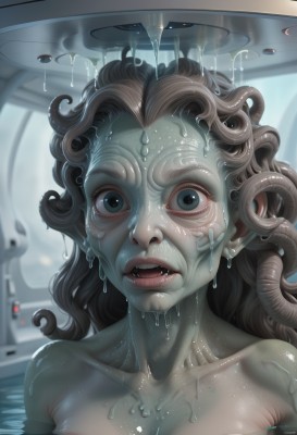 1girl,solo,long hair,breasts,looking at viewer,open mouth,blue eyes,brown hair,medium breasts,nipples,collarbone,upper body,nude,parted lips,teeth,artist name,signature,water,lips,wet,monster girl,tentacles,partially submerged,curly hair,realistic,slime (substance),horror (theme),cleavage,colored skin,fangs,nose