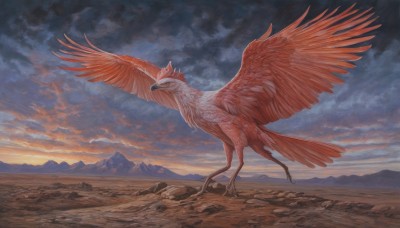 solo,closed mouth,yellow eyes,outdoors,wings,sky,cloud,no humans,bird,animal,cloudy sky,scenery,flying,mountain,animal focus,talons,full body,pokemon (creature),realistic,mountainous horizon