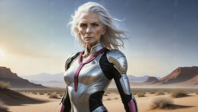 HQ,1girl,solo,long hair,breasts,looking at viewer,blue eyes,jewelry,medium breasts,closed mouth,upper body,white hair,earrings,outdoors,sky,day,cloud,medium hair,armor,lips,bodysuit,wind,mountain,realistic,sun,white bodysuit,desert,dust,blonde hair,scar,science fiction,serious,sand,dirty,sunrise