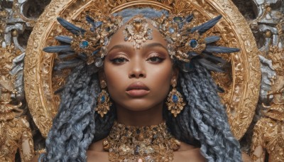 1girl,solo,long hair,looking at viewer,blue eyes,hair ornament,jewelry,blue hair,collarbone,braid,earrings,parted lips,dark skin,necklace,black eyes,dark-skinned female,lips,eyelashes,expressionless,feathers,gem,portrait,freckles,realistic,fantasy,headdress,gold,black hair,brown eyes,makeup,feather hair ornament