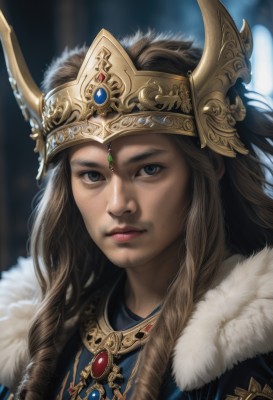 1girl,solo,long hair,looking at viewer,blue eyes,brown hair,1boy,jewelry,closed mouth,braid,male focus,necklace,blurry,lips,fur trim,blurry background,facial hair,helmet,crown,gem,portrait,beard,realistic,nose,horns,armor,heterochromia,freckles