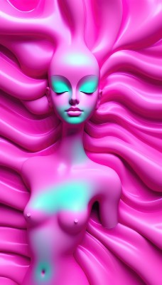 1girl,solo,long hair,breasts,navel,medium breasts,very long hair,nipples,closed eyes,upper body,pink hair,nude,small breasts,lips,makeup,glowing,colored skin,lipstick,monster girl,no pupils,pink theme,pink skin,lying,on back,glowing eyes,alien