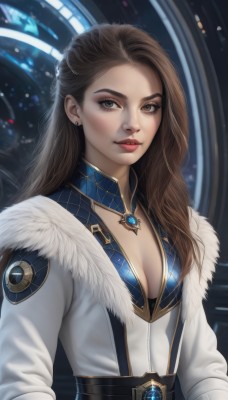 1girl,solo,long hair,breasts,looking at viewer,brown hair,long sleeves,cleavage,brown eyes,jewelry,medium breasts,closed mouth,upper body,earrings,small breasts,belt,necklace,lips,coat,fur trim,makeup,lipstick,brooch,gem,eyeshadow,freckles,realistic,nose,white coat,red lips,eyeliner,parted lips,eyelashes,detached collar,forehead,thick lips