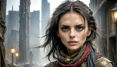 HQ,1girl,solo,long hair,looking at viewer,blue eyes,brown hair,black hair,outdoors,parted lips,teeth,solo focus,medium hair,scarf,blurry,lips,depth of field,blurry background,wind,building,messy hair,portrait,forehead,city,realistic,lamppost,dirty,dirty face,short hair,1boy,red scarf