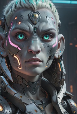 1girl,solo,looking at viewer,short hair,blue eyes,jewelry,green eyes,white hair,multicolored hair,earrings,parted lips,teeth,artist name,blurry,aqua eyes,lips,eyelashes,makeup,blurry background,headgear,portrait,close-up,science fiction,realistic,nose,android,cyborg,cyberpunk,mechanical parts,closed mouth,glowing,glowing eyes,dirty,neon trim,dirty face,earpiece,hologram