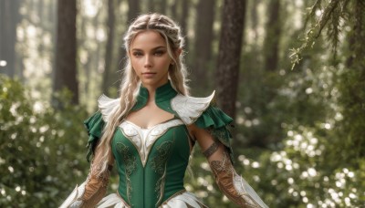 1girl,solo,long hair,breasts,looking at viewer,blonde hair,brown hair,gloves,dress,cleavage,medium breasts,green eyes,upper body,braid,outdoors,pointy ears,armor,blurry,tree,lips,depth of field,blurry background,elf,shoulder armor,nature,forest,green dress,pauldrons,realistic,nose,blue eyes,mole,tattoo