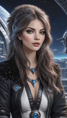 1girl,solo,long hair,breasts,looking at viewer,brown hair,cleavage,brown eyes,jewelry,medium breasts,jacket,upper body,earrings,parted lips,open clothes,sky,necklace,mole,open jacket,lips,black jacket,fur trim,mole under eye,star (sky),pendant,starry sky,freckles,realistic,nose,space,planet,earth (planet),artist name,makeup,forehead