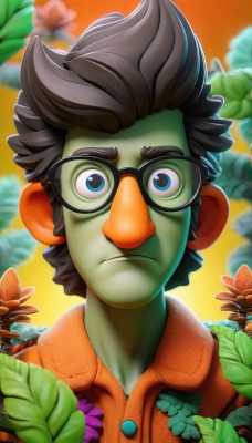 solo,looking at viewer,blue eyes,brown hair,black hair,1boy,closed mouth,upper body,flower,male focus,glasses,colored skin,frown,leaf,spiked hair,portrait,orange background,green skin,artist name,blurry,v-shaped eyebrows,depth of field,blurry background,watermark,serious