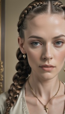 1girl,solo,long hair,looking at viewer,blue eyes,brown hair,shirt,jewelry,collarbone,white shirt,braid,earrings,parted lips,necklace,blurry,lips,grey eyes,eyelashes,single braid,cross,portrait,freckles,realistic,nose,closed mouth,expressionless,hair over shoulder,forehead,cross necklace,multiple braids