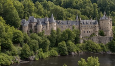 outdoors,day,water,tree,no humans,building,nature,scenery,forest,bush,river,castle,sky,fantasy,lake