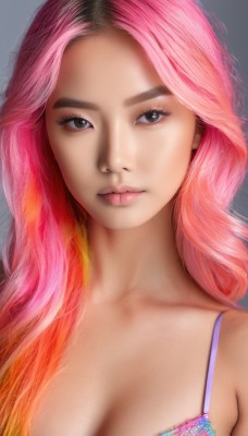 1girl,solo,long hair,breasts,looking at viewer,simple background,cleavage,bare shoulders,brown eyes,medium breasts,closed mouth,underwear,collarbone,upper body,pink hair,multicolored hair,grey background,bra,orange hair,black eyes,two-tone hair,lips,eyelashes,makeup,eyeshadow,realistic,nose,large breasts,artist name,gradient hair,watermark,portrait,web address