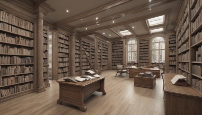 indoors,book,no humans,window,chair,table,sunlight,scenery,desk,light rays,wooden floor,paper,bookshelf,lamp,shelf,book stack,library,ceiling,ladder,day