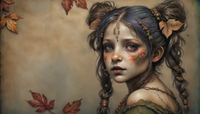 1girl,solo,long hair,looking at viewer,bangs,blue eyes,black hair,hair ornament,bare shoulders,twintails,jewelry,upper body,braid,parted lips,hair bun,twin braids,from side,lips,grey eyes,eyelashes,double bun,makeup,leaf,facial mark,portrait,realistic,nose,autumn leaves,facepaint,multiple braids,brown hair,necklace,freckles,maple leaf,autumn