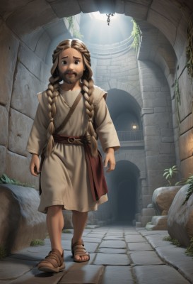 solo,long hair,looking at viewer,smile,open mouth,brown hair,long sleeves,1boy,brown eyes,standing,full body,braid,male focus,belt,indoors,black eyes,twin braids,facial hair,sandals,plant,beard,walking,robe,mustache,ruins,pillar,tunic,arch,column,toes,shadow,brown footwear,grass,otoko no ko,arms at sides