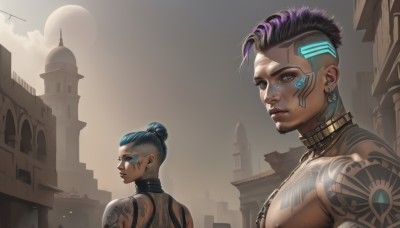 1girl,looking at viewer,short hair,multiple girls,black hair,1boy,2girls,brown eyes,jewelry,closed mouth,blue hair,upper body,pink hair,purple hair,multicolored hair,earrings,outdoors,looking back,dark skin,hair bun,from behind,collar,dark-skinned female,tattoo,piercing,moon,single hair bun,dark-skinned male,building,ear piercing,nose,arm tattoo,very short hair,undercut,very dark skin,mohawk,cyberpunk,dreadlocks,back tattoo,nose piercing,eyebrow cut,bangs,bare shoulders,cloud,mole,from side,facial hair,facial mark,shoulder tattoo,facial tattoo