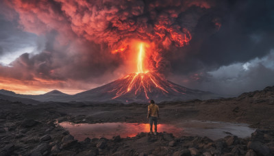 solo, 1boy, male focus, outdoors, wings, sky, cloud, glowing, fire, scenery, mountain, molten rock