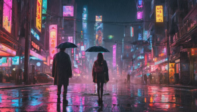 1girl, long hair, black hair, holding, standing, jacket, outdoors, from behind, dutch angle, night, umbrella, ground vehicle, building, scenery, motor vehicle, reflection, walking, rain, holding umbrella, city, sign, facing away, car, road, street, city lights, cyberpunk, neon lights, crosswalk